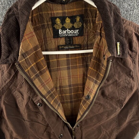 Barbour Newmarket Mac Waxed Jacket Women Full Zip Brown Size 8 US Lined - Picture 2 of 16